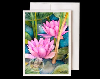 Pink Water Lilies at Powell Gardens Note Card, All Occasion Greeting Card with Blooming Water Lilies & Lily Pads