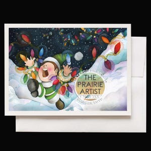 May include: Watercolor art Christmas card featuring a joyful elf character surrounded by colorful string lights against a snowy night sky. The card includes the text "The Prairie Artist" and "Stephen Boyd".