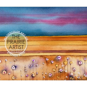 Prairie Wildflowers Watercolor Art Print, Flowers under the big blue Konza Prairie sky in the Flint Hills of Kansas amber tallgrass