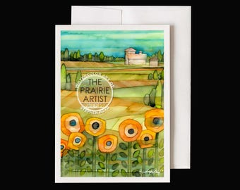 Wildflowers on the Farm Greeting Card – Watercolor Note Card of Prairie flowers in Bloom – Midwest Great Plains Landscape Art Notecard