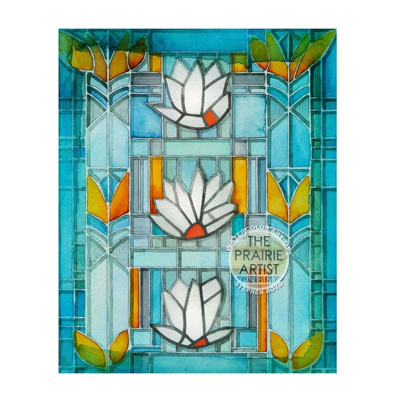 Water Lilies Stained Glass Watercolor Art Print, Art Glass White Lotus Flower Artwork, Flower Lover Art, Lily Pond, Prairie Home Windows