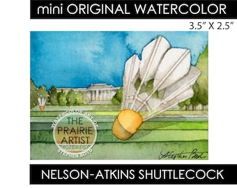 Nelson Atkins Shuttlecock Painting, 2.5 x 3.5 Mini Original Watercolor, Not a Print, Giant Claes Oldenburg Sculpture, Kansas City Art Museum
