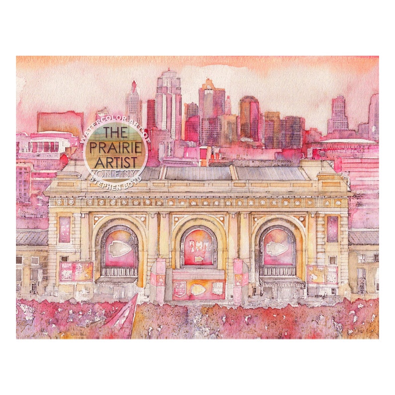 Kansas City Football Red Union Station & Skyline Watercolor Note Card