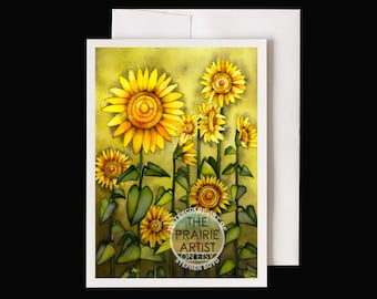 Kansas Sunflowers Watercolor Notecard, Konza Prairie Wildflowers Note Card, Mission Style Blooming Sunflower Field Greeting Card