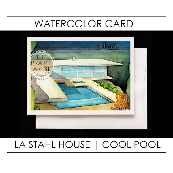 Stahl House Hollywood Hills West Watercolor Note Card, Mid-Century Modern Los Angeles House Art, Architecture of Pierre Koenig, MCM Artwork