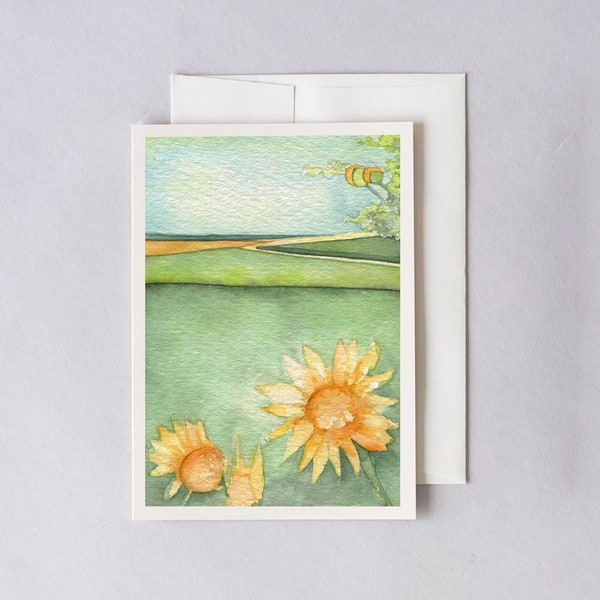 Prairie Sunflower Watercolor Note Card, "Great Plains" Rolling Hills Flower, Countryside Artwork, Farmhouse Country Style Summer Cottage Art