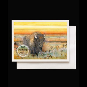 May include: Watercolor painting of a brown bison standing in a field of yellow wildflowers against a sunset background. The painting is titled "The Prairie Artist" by Stephen Boyd.