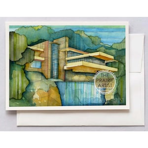 Kaufmann Waterfall Pennsylvania Watercolor Note Card, Wright Architect, Architectural Greeting Card, Mid-Century Modern Architecture
