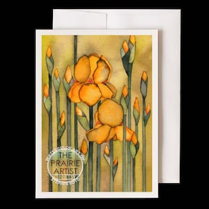 May include: A watercolor painting of yellow irises with green stems and buds against a light brown background. The painting is signed "The Prairie Artist" by Stephen Boyd.
