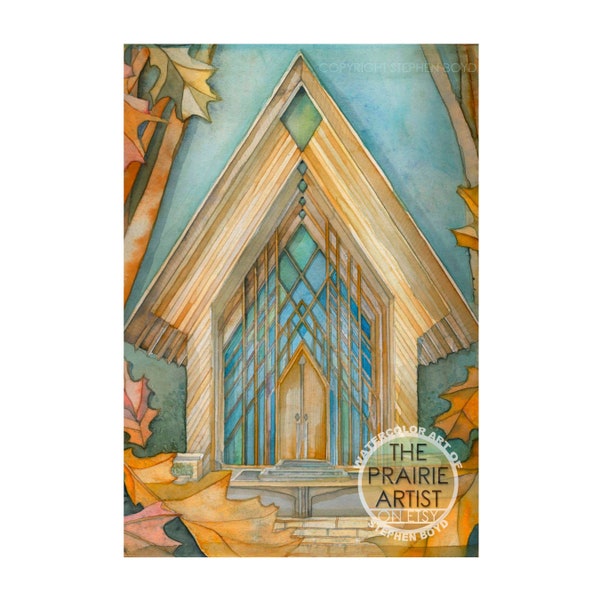 Powell Gardens Chapel Watercolor Art Print, Glass Wedding Chapel, Kingsville Missouri Botanical Gardens, Fay Jones Architecture, Kansas City