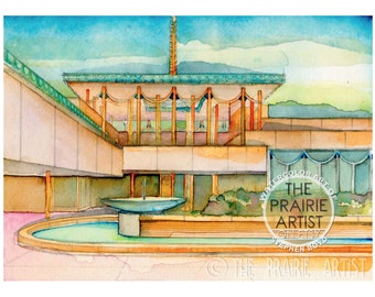 Corbin Education Center Wichita Kansas, Fine Art Watercolor Print, Wright Architecture, Wichita State University, Architectural Image