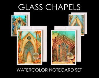 Glass Chapel Watercolor Notes, Card Set of Four Iconic American Chapels, Architectural Watercolor Cards, 5x7 Church Architecture Note Cards