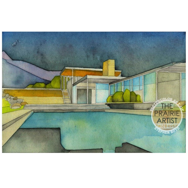 Neutra Kaufmann Palm Springs California Watercolor Art Print, 470 West Vista Chino Street, Iconic Houses Mid Century Modern Artwork Painting