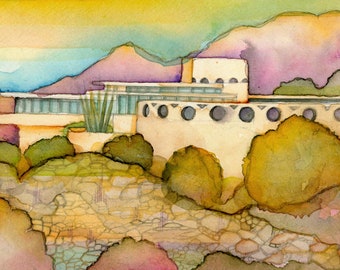 Lykes House in Phoenix, Arizona Watercolor Art Print, Usonian, Wright, Wright in Arizona, Architecture and Landscape Painting