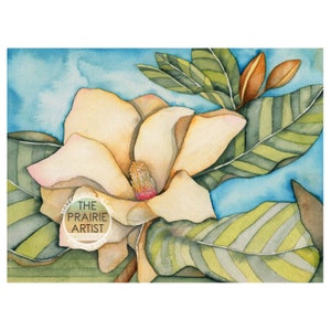 White Southern Magnolia Bloom Watercolor Art Print, Blooming Magnolia Trees, Flower Buds and Blossoms Wall Artwork, Floral Spring Flower