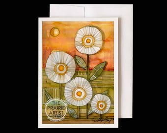 Konza Prairie Daisy Fleabane Watercolor Notecard, Flint Hills Kansas Wildflower Art, 5x7 A7 Blank Greeting Card, Native Prairie Landscape