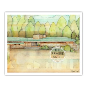 May include: Watercolor painting of a house with a green roof and a brown brick exterior. The house is surrounded by trees and a grassy lawn. The painting is signed "Stephen Boyd" in the bottom right corner. The text "The Prairie Artist" is in a circle in the bottom center of the painting.