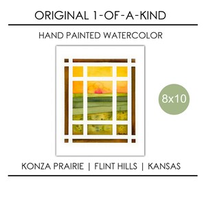 Konza Prairie Original Art, Sunset Window View, 8 x 10 Hand Painted Watercolor Gift, Rolling Flint Hills Scene, Kansas Native Tallgrass