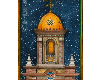 May include: A watercolor painting of a brick building with a yellow dome and a clock face. The building is set against a dark blue night sky with white stars. The clock face reads "Kansas City".