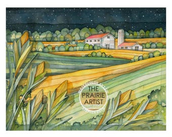 Moonlit Harvest Corn on the Prairie Farm Watercolor Print, Nighttime Scene Ranch Art, Starry Night Sky, Cornfield and Farmland in Moonlight