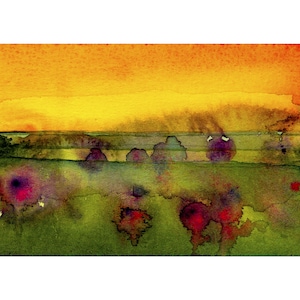 Flowers of the Konza Prairie Watercolor Art Print, Setting Sun on Rolling Flint Hills, Native tallgrass, Northeastern Kansas Golden Sunset