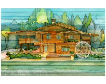 Gamble House Pasadena California Watercolor Art Print, Mission Style Architecture, Arts & Crafts, Craftsman and Bungalow Style Artwork