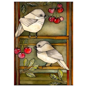 Chickadees and Cherries Fine Art Giclee Watercolor Print Two Chickadees Perched Near Cherries, Mission, Arts Crafts Style, Bungalow Artwork