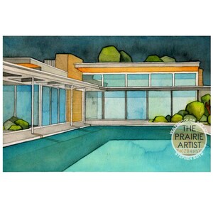 May include: A watercolor painting of a modern house with a swimming pool. The house has large windows and a flat roof. The pool is surrounded by a concrete deck and lush greenery. The painting is signed "The Prairie Artist" by Stephen Boyd.