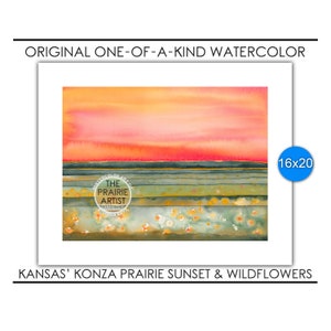 Kansas Wildflower Sunset Original Watercolor Painting, Konza Prairie Setting Sun, Rolling Flint Hills Wall Art, Native tallgrass, 16 X 20