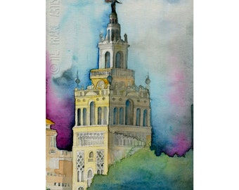 Puede incluir: Pintura acuarela de un edificio alto y amarillo con una estatua en la cima. El edificio tiene muchas ventanas y un diseño complejo. El fondo es una acuarela azul y morada.