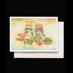Funny Birthday Greeting Card with Party Frog Celebrating Birthday Card For Nature Lover of Frog Blank Inside B-Day Card Watercolor Art