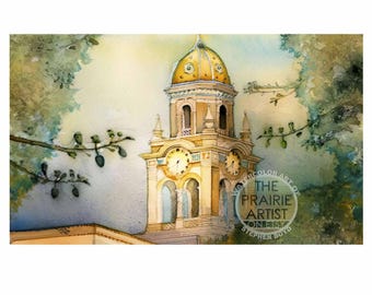 Country Club Plaza Watercolor Print, Plaza Artwork, Kansas City Missouri Art, Architectural Landmark, Mission Spanish Style Buildings