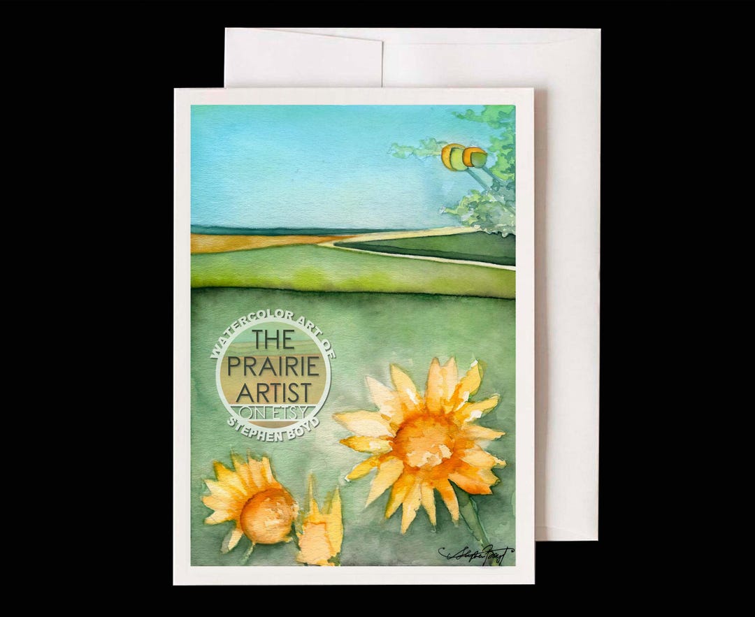 Prairie Sunflower Watercolor Note Card, Great Plains Rolling Hills ...