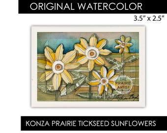 Tickseed Sunflowers on Konza Prairie Original ACEO Watercolor Painting, Kansas Flint Hills Blue Sky, Miniature Wildflower Art 2.5 x 3.5 Inch
