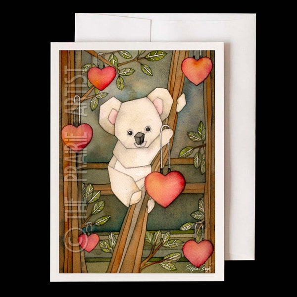 Koala Valentines Day Card, Watercolor Art, Hanging Love Hearts in Eucalyptus Trees of Australia, Sweetheart, Boyfriend, Girlfriend