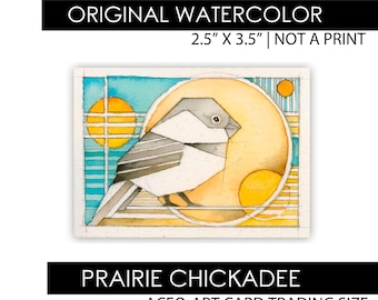 Prairie Chickadee Original Watercolor Painting, 3.5 x 2.5 size ACEO, Mission Style Art Card, Great Plains Artwork, Tallgrass Birds Wall Art