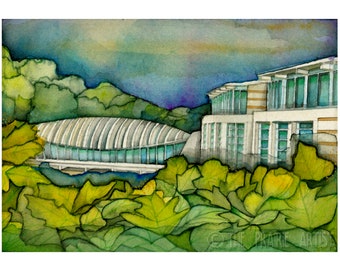 Crystal Bridges Art Museum in Bentonville Arkansas, Watercolor Art Print, Fall Trees, Architectural Illustration, Moshe Safdie, Gallery Wall