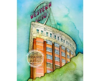 Western Auto Lofts Watercolor Art Print, Kansas City Landmark, KC Artwork, Iconic Kansas City Wall Art, Crossroads District Wall Decor