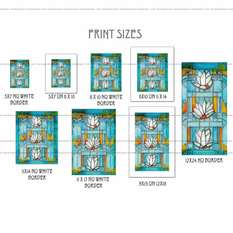 K&ouml;nnte beinhalten: Aquarelldrucke in verschiedenen Gr&ouml;&szlig;en mit einem Design im Stil von Glasmalerei mit wei&szlig;en floralen Elementen, t&uuml;rkisfarbenen, orangefarbenen und gelben Akzenten. Druckgr&ouml;&szlig;en sind 12,7x17,8cm, 20,3x25,4cm, 28x35,6cm und 30,5x61cm, mit und ohne R&auml;ndern. Der Text "PRINT SIZES" steht oben.