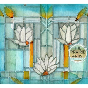 Mission Style Water Lilies Watercolor Stained Glass, Inspired by Wright&#39;s Drawings, Gallery Art, Arts and Crafts Illustration, Images