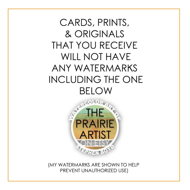 K&ouml;nnte beinhalten: Quadratisches Bild mit Text, der besagt, dass Karten, Drucke und Originale keine Wasserzeichen haben. Ein kreisf&ouml;rmiges Logo in der Mitte lautet "Watercolor Art of The Prairie Artist on Etsy Stephen Boyd."