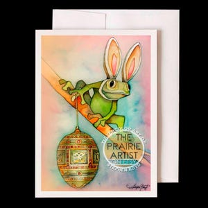 Tree Frog in Bunny Ears Holding Fabergé Egg Watercolor Card, 5x7 Easter Greeting Card, Frog Art, Spring Holiday Card