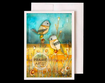 Konza Prairie Birds & Wildflowers Watercolor Notecard, Eastern Phoebes in Flint Hills, Kansas Tallgrass, Big Blue Summer Sky, 5x7 Note Card