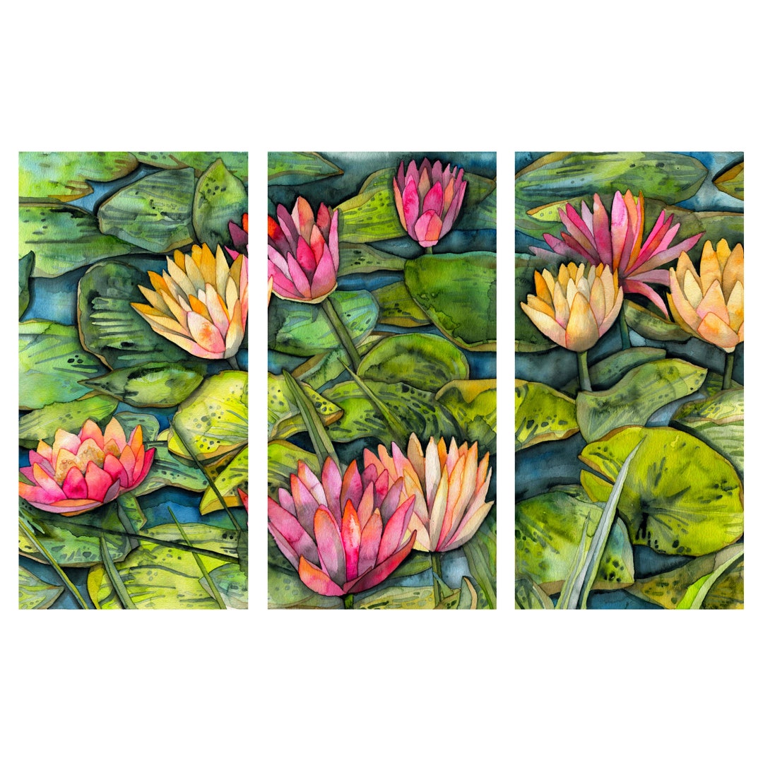 Water Lily Lotus Flower Watercolor Art Prints, Set of 3, Water Lilies ...