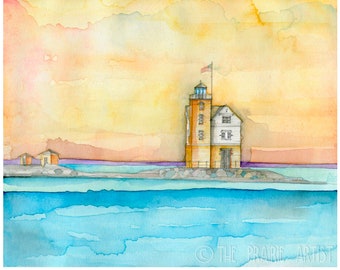 Round Island Light Mackinac Straits, Fine Art Watercolor Print, Michigan, Giclee Illustration, Great Lakes, Lighthouse Image, 3rd Coast