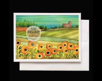 Sunflower Farm Greeting Card – Watercolor Note Card of Kansas Sunflowers in Bloom – Midwest Landscape Art – Prairie Wildflower Artwork