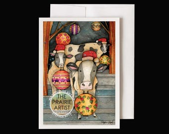 Cows & Santa Hats Christmas Card, Watercolor Holiday Greeting, XMAS Farm Countryside Holiday Scene, Holstein Cows with Ornaments Artwork