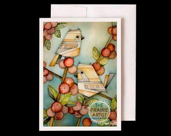 Konza Prairie Horned Larks & Coralberry Vines Watercolor Note Card, Flint Hills Birds Greeting Card, Kansas Plains Wildlife Notecard