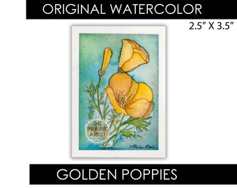 Golden Poppies Original Watercolor Painting (Not a Print), 2.5" x 3.5" Mini Floral Art, Gold & Yellow California Flowers, OOAK Hand Painted