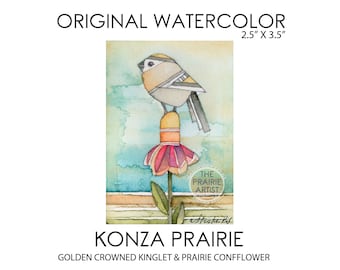 Konza Prairie Original Watercolor Painting Golden Crowned Kinglet and Prairie Coneflowers 2.5 x 3.5 ACEO size, Gift for Art Friend Collector